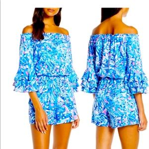 Lilly Pulitzer Calla off the shoulder romper.